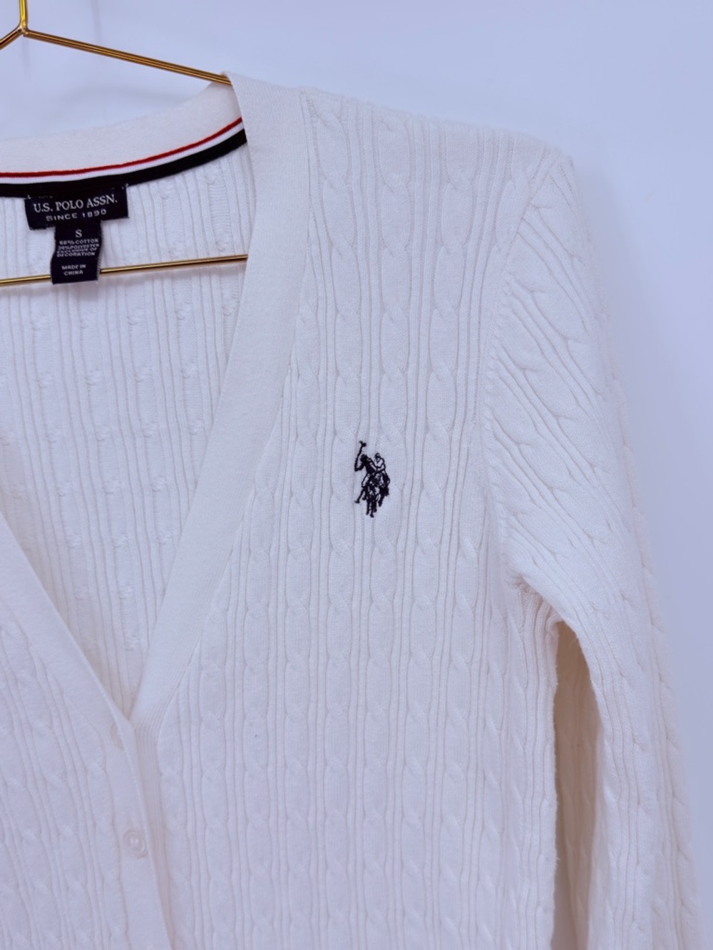 U.S. Polo Assn White Cable Knit Cardigan Small Preppy Classic Button Front - Picture 4 of 5
